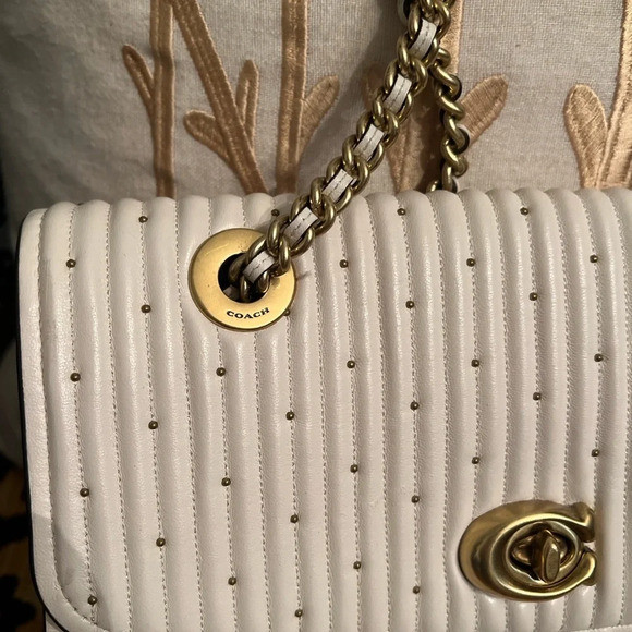 COACH Parker White/Cream Handbag with Quilting & Gold Rivets Shoulder Crossbody - Picture 7 of 16